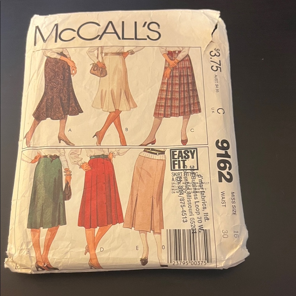 Vintage McCall’s 9162 Women's Skirt Pattern Sewing Miss size 16 Waist 30